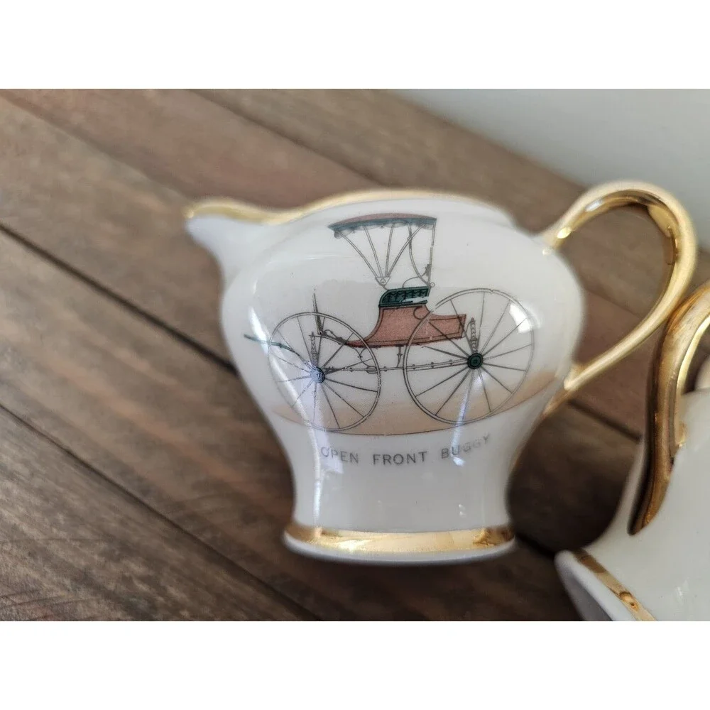 Small Vintage Kingwood China Creamer And Sugar Carriage Wagon Stagecoach Design